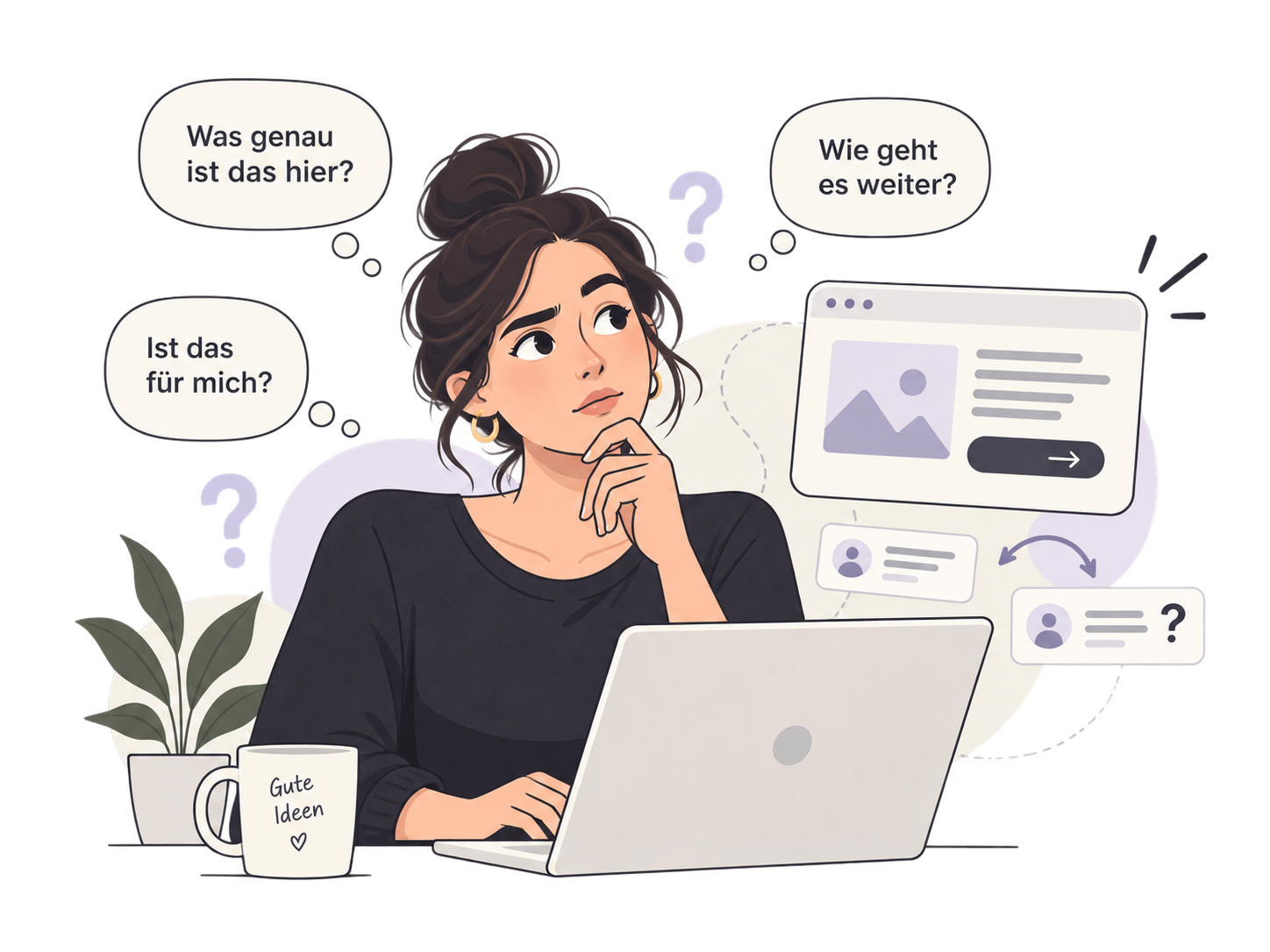 Illustration einer Person vor einer Website mit den Fragen: Was genau ist das hier? Ist das für mich? Wie geht es weiter?
